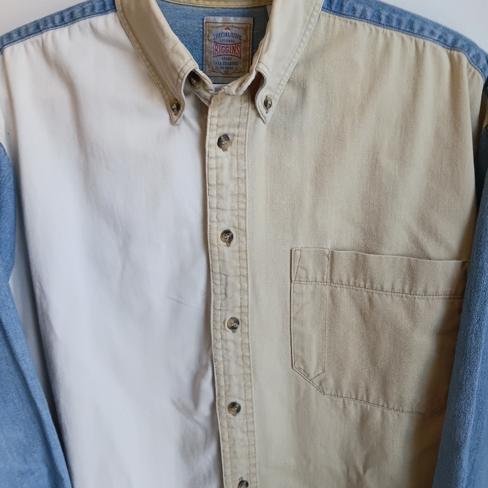 Vintage Riggins Two-Tone Denim & Khaki Button-Up Shirt Medium 80s 90s Cowboy - Picture 15 of 16